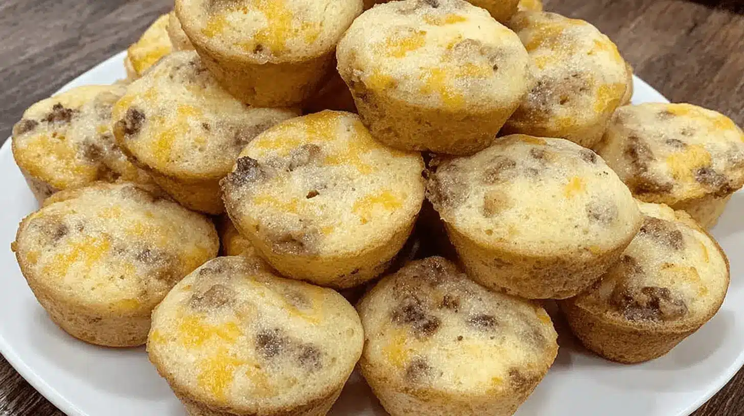 A delicious pile of golden-brown Copycat McGriddle Bites, speckled with sausage and melted cheese, on a white plate.
