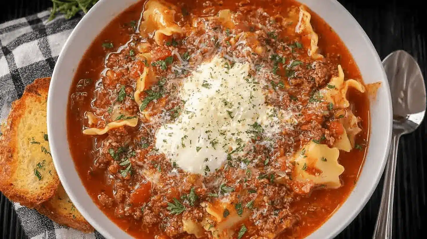 A hearty bowl of Crockpot Lasagna Soup garnished with creamy ricotta, grated Parmesan, and fresh herbs, served with toasted garlic bread.