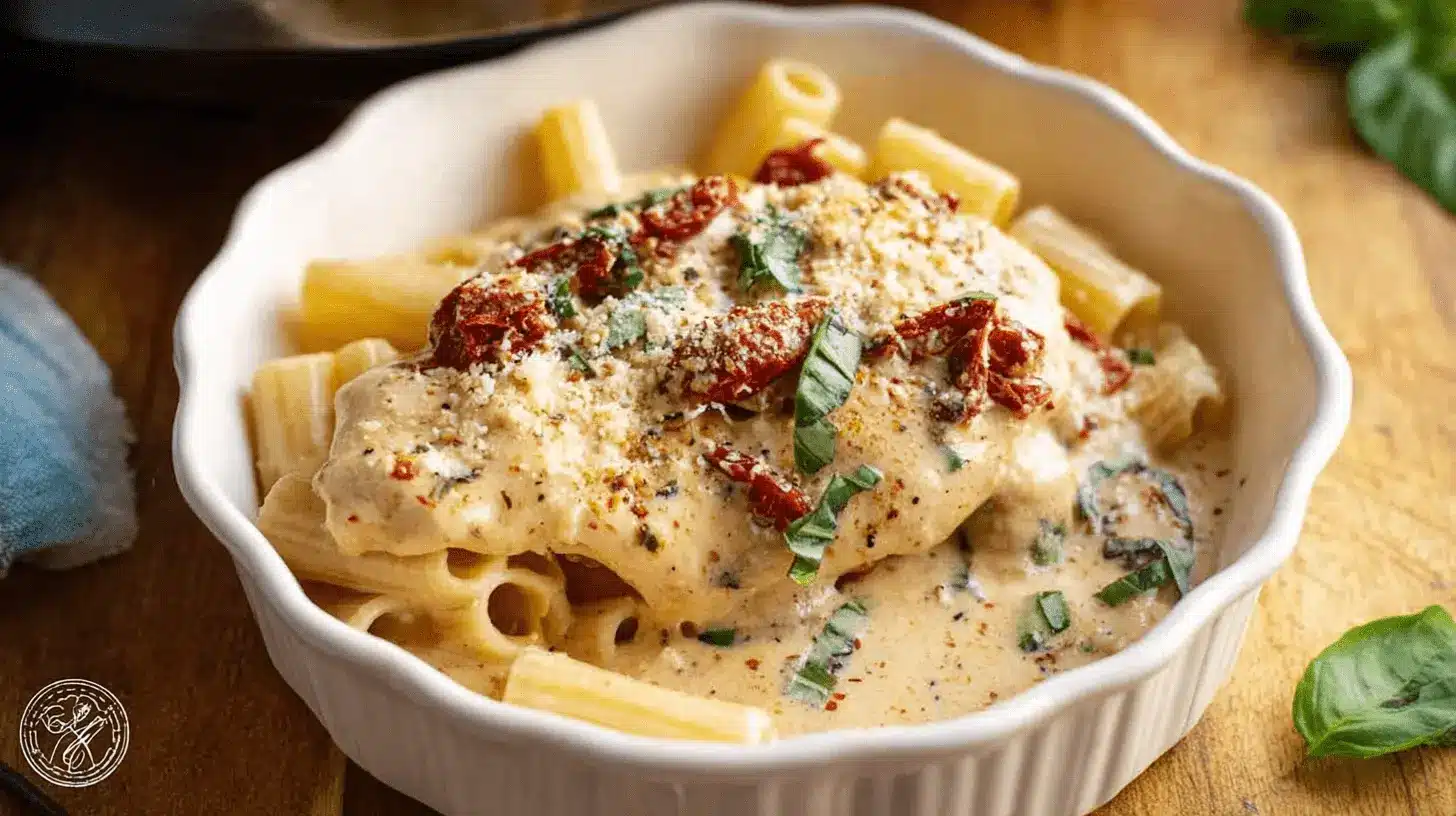 Close-up of creamy Crockpot Marry Me Chicken pasta, garnished with sun-dried tomatoes, Parmesan, and fresh basil in a white fluted bowl.