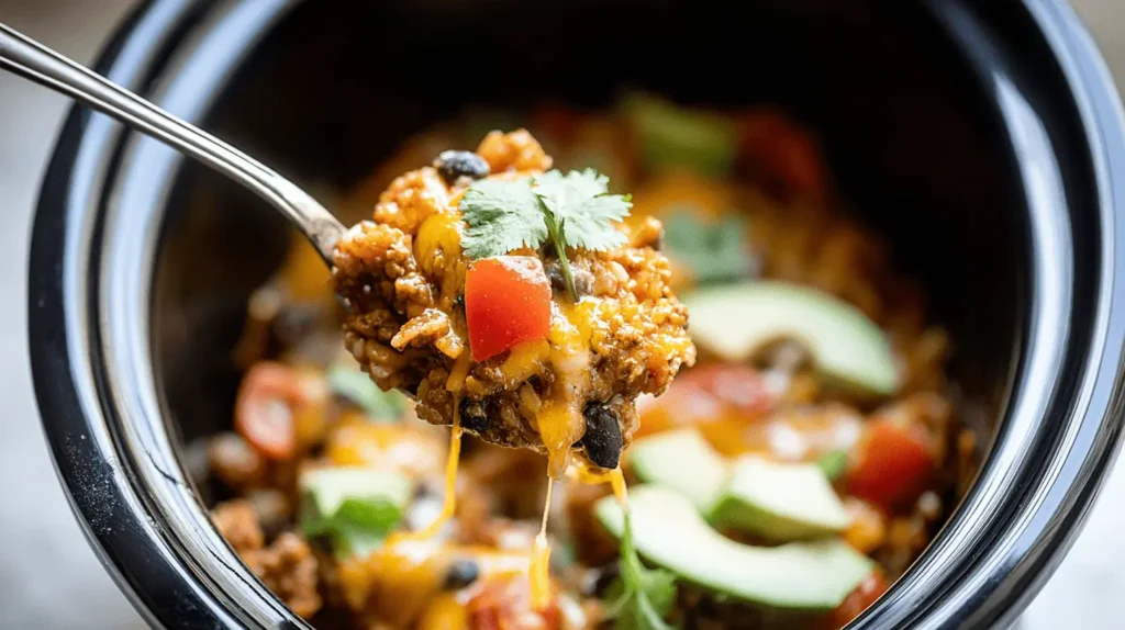 A close-up of a spoon lifting a generous, cheesy portion of Crockpot Taco Casserole, garnished with cilantro, from a slow cooker.