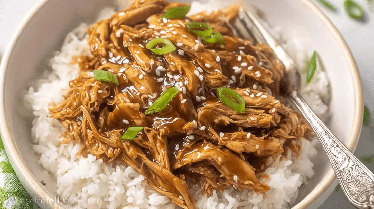 A delicious bowl of shredded Crockpot Teriyaki Chicken served over white rice, garnished with sesame seeds and green onions.