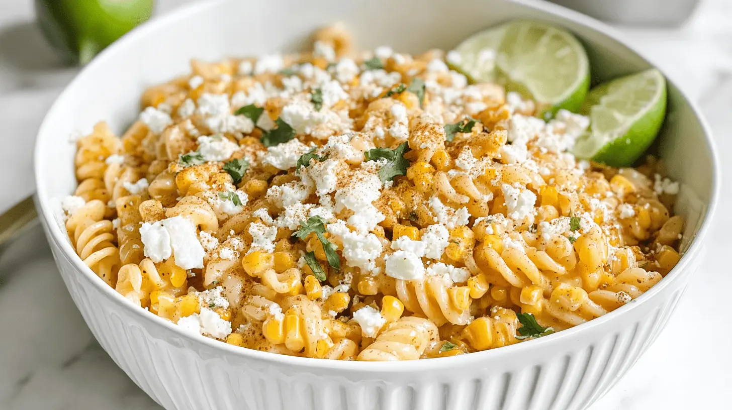 A vibrant bowl of Healthy Street Corn Pasta Salad topped with cotija cheese, chili powder, and fresh cilantro, with lime wedges on the side.