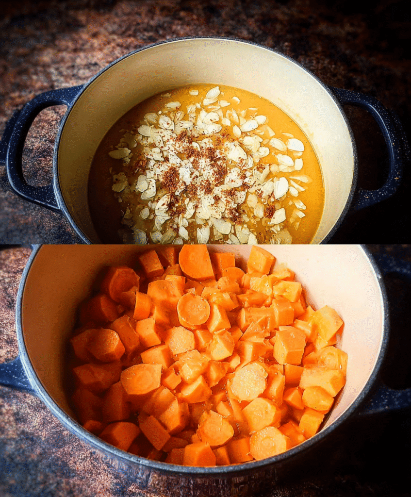 Cooking pumpkin and carrot soup in a pot with garlic, spices, and sliced vegetables