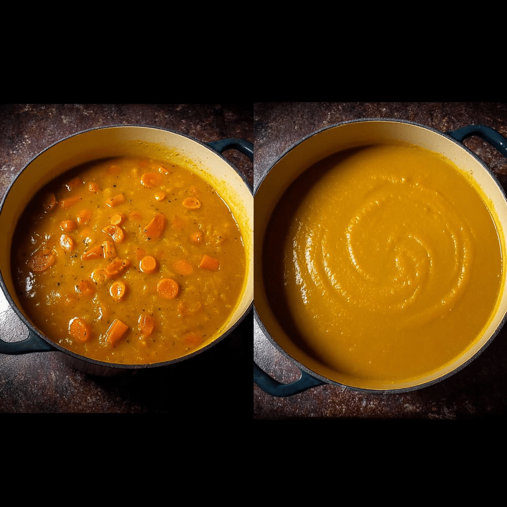 Before and after cooking carrot and pumpkin soup in a pot — chunky vegetables on the left, creamy blended soup on the right