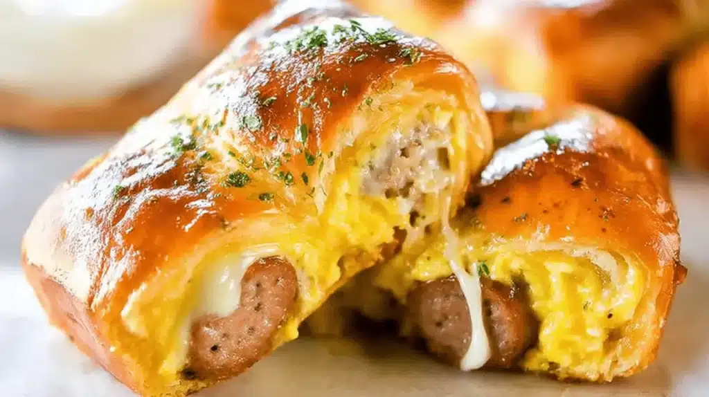 Close-up of two golden-brown Sausage Egg Breakfast Rolls, one cut open to show savory sausage, fluffy scrambled eggs, and gooey melted cheese, sprinkled with herbs.