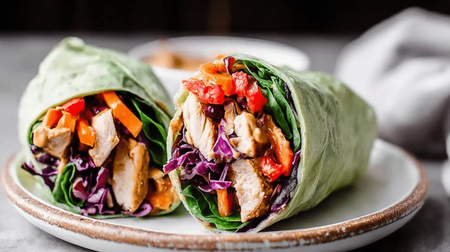 Two fresh Thai Peanut Chicken Wraps with colorful fillings and a creamy peanut sauce, served on a rustic plate.