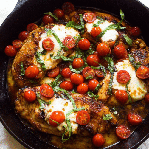 Cast iron skillet with balsamic chicken breasts topped with melted mozzarella, cherry tomatoes, and fresh basil leaves.