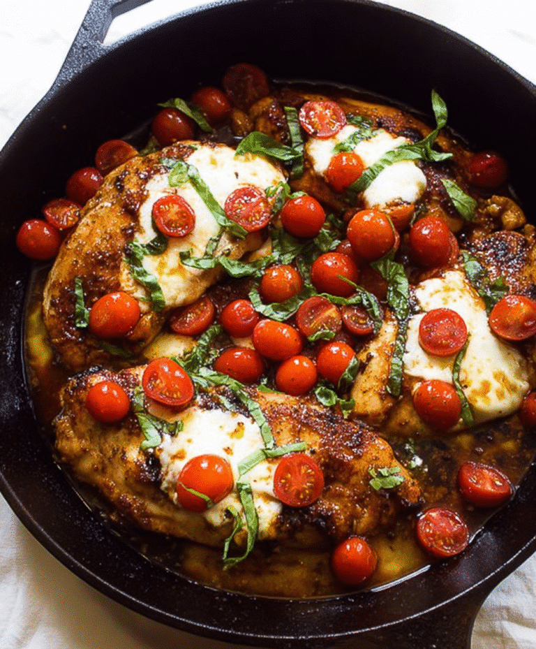 Cast iron skillet with balsamic chicken breasts topped with melted mozzarella, cherry tomatoes, and fresh basil leaves.