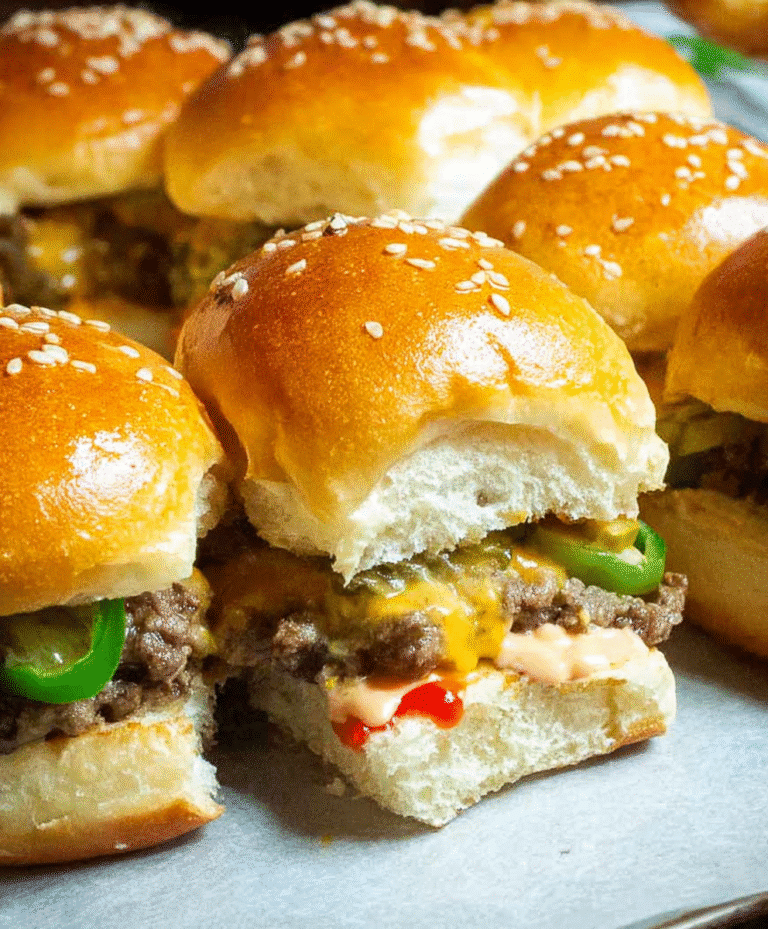 Juicy mini cheeseburger slider with melted cheddar, pickles and sesame bun closeup.