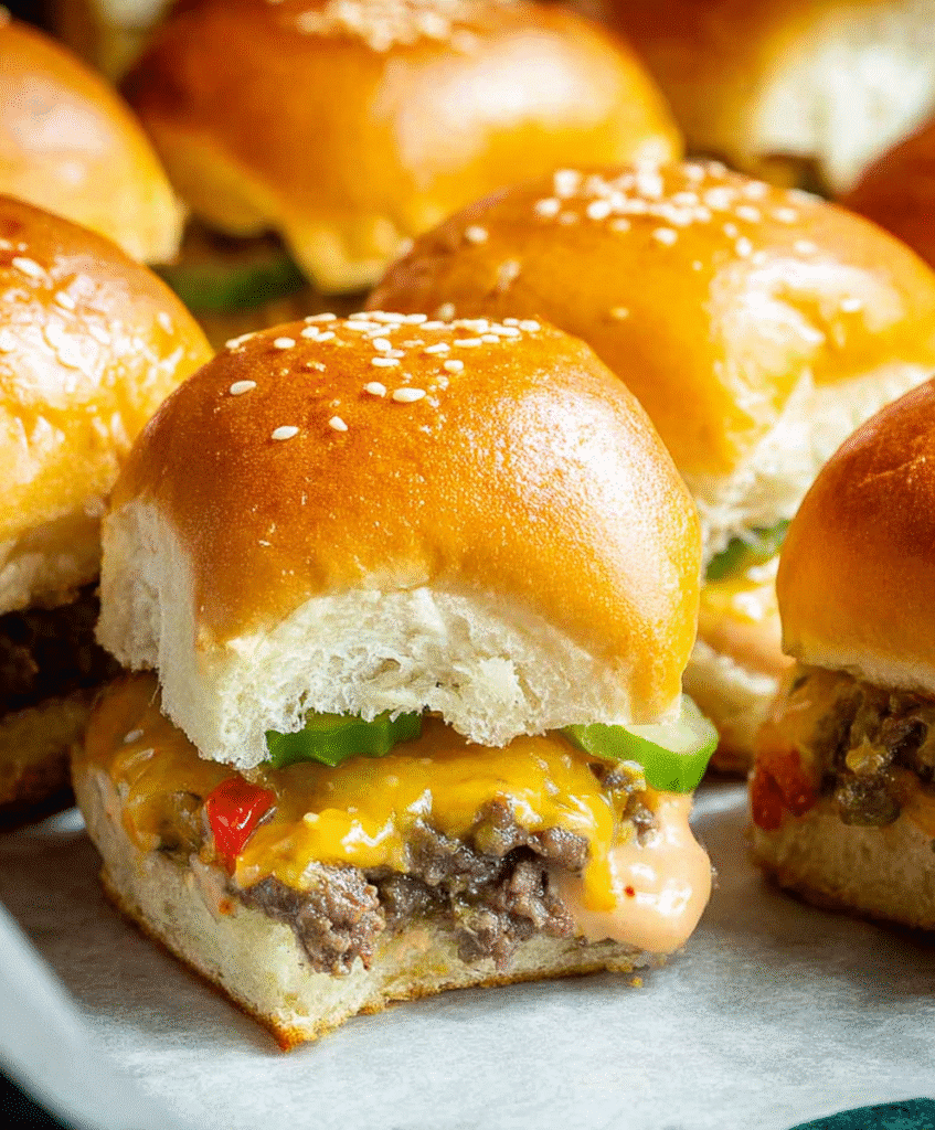 Big Mac style slider with ground beef, sauce, jalapeño and glossy brioche bun.