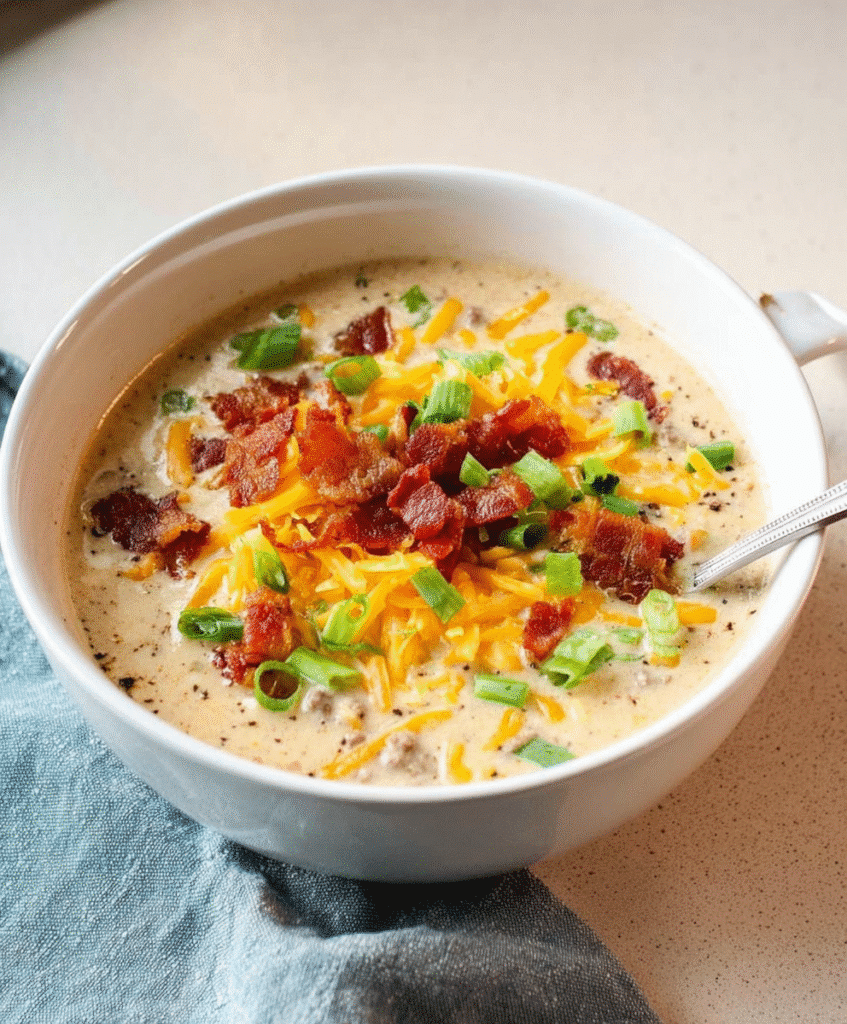 A bowl of creamy cheeseburger soup topped with crispy bacon, shredded cheddar cheese, and chopped green onions.