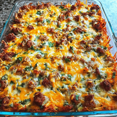Golden cheesy sausage breakfast casserole topped with melted cheddar, spinach, and green onions baked in a glass dish on a marble countertop.
