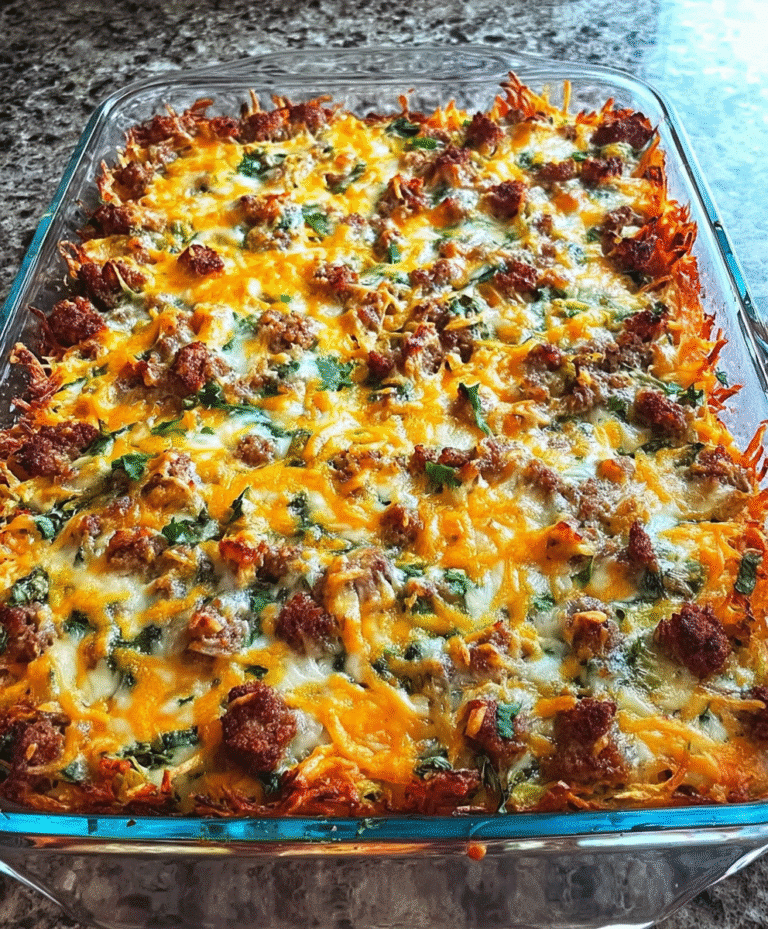 Golden cheesy sausage breakfast casserole topped with melted cheddar, spinach, and green onions baked in a glass dish on a marble countertop.