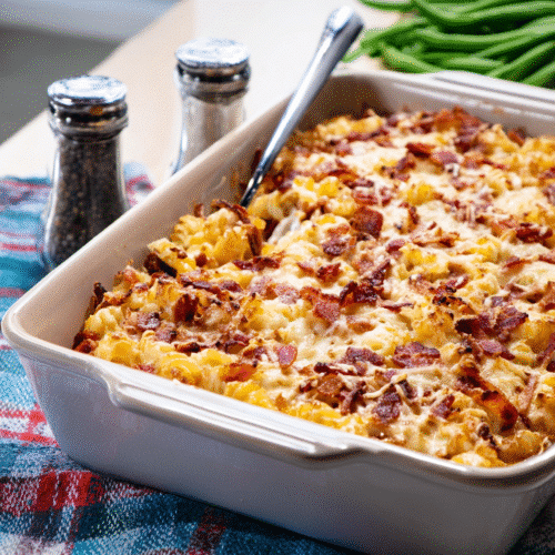 Close-up of a baked cheesy bacon pasta casserole in a white dish, topped with crispy bacon and melted cheese, served on a plaid napkin.
