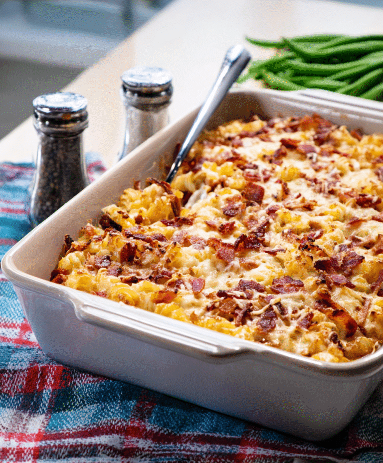 Close-up of a baked cheesy bacon pasta casserole in a white dish, topped with crispy bacon and melted cheese, served on a plaid napkin.