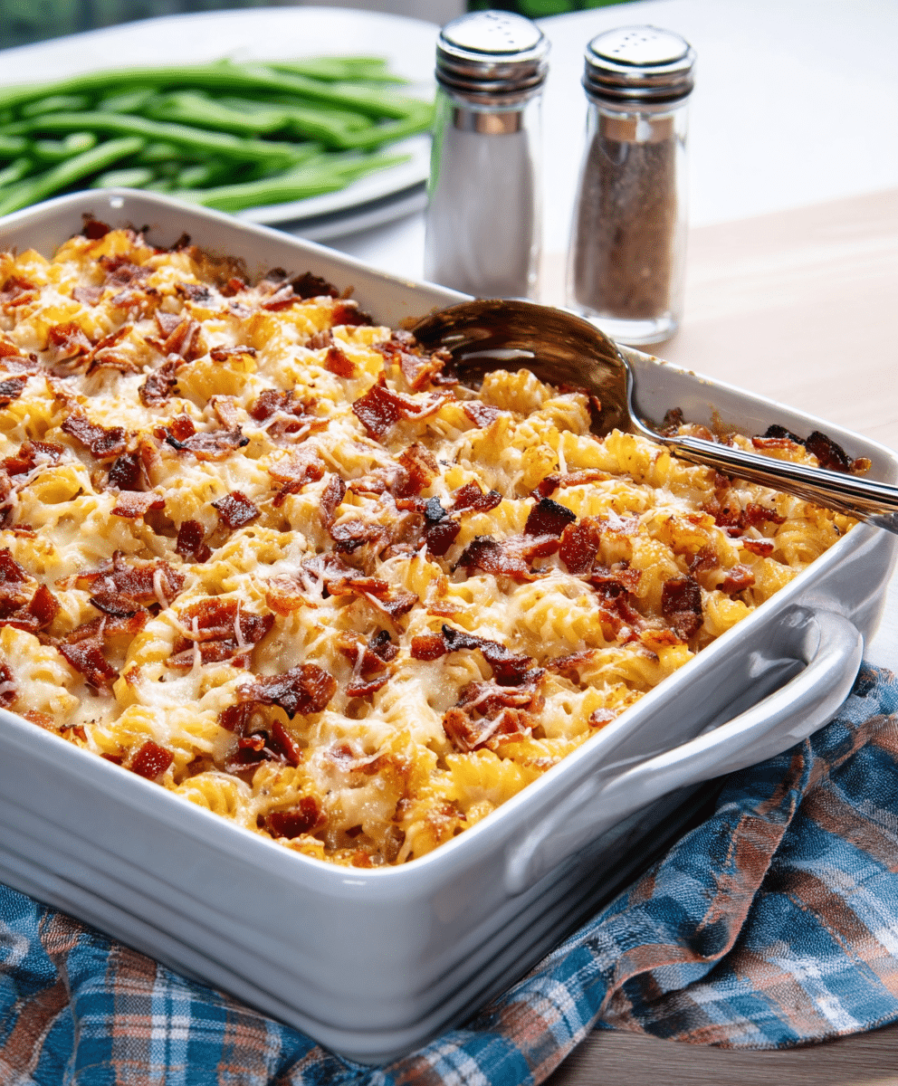 Close-up of a baked cheesy bacon pasta casserole in a white dish, topped with crispy bacon and melted cheese, served on a plaid napkin.