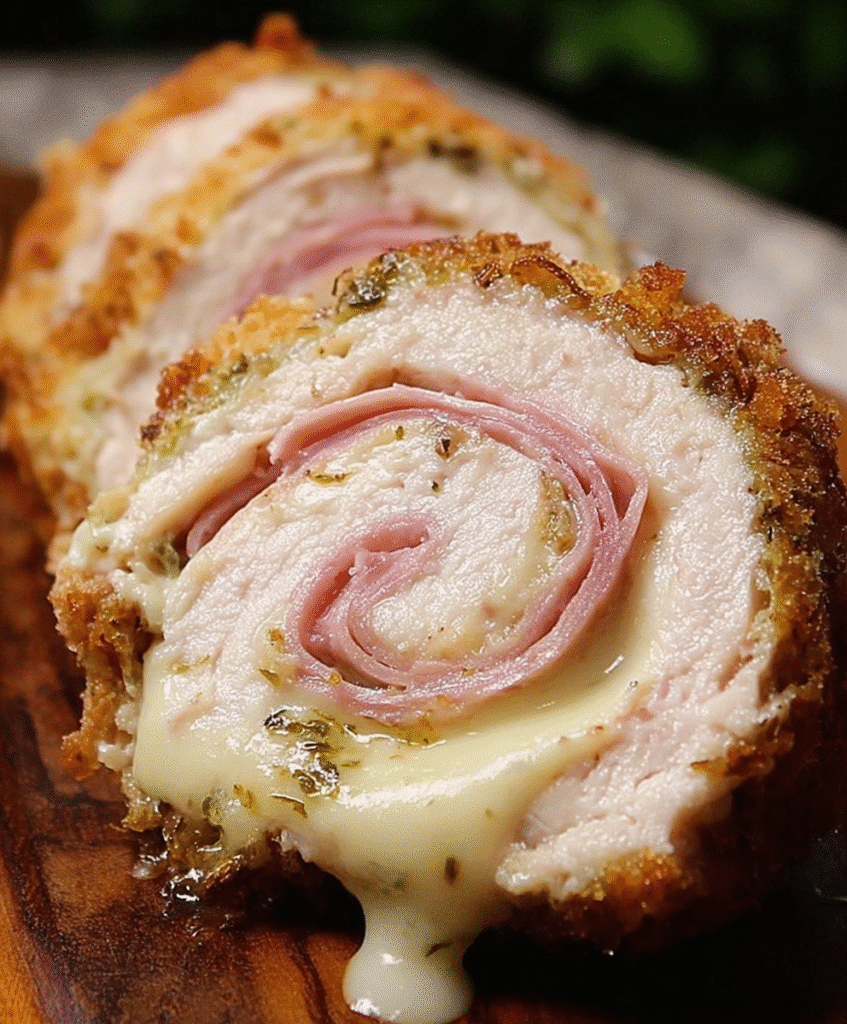 Close-up of a creamy chicken cordon bleu roll-up, with gooey cheese and ham, on a wooden cutting board.