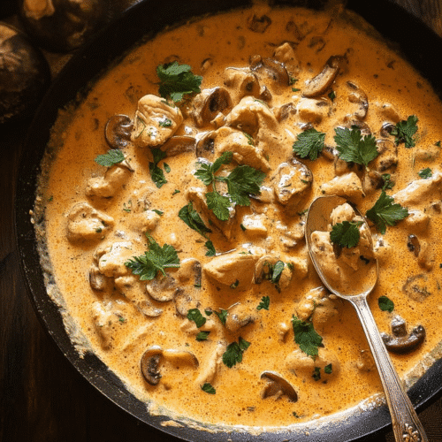 Creamy Chicken Stroganoff in a skillet with tender chicken pieces, sautéed mushrooms, and a rich golden sauce topped with fresh parsley.