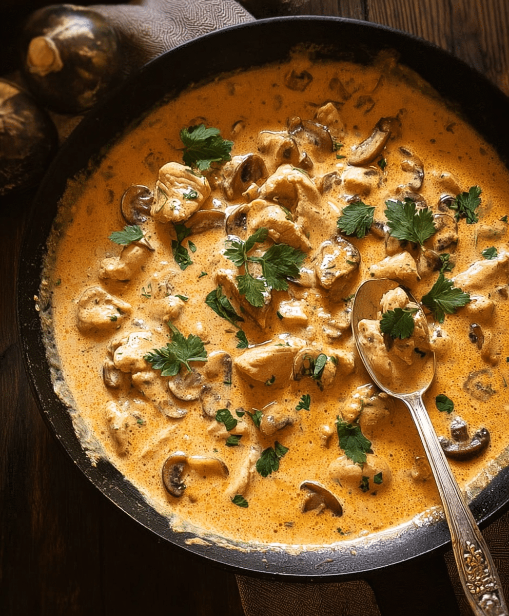 Creamy Chicken Stroganoff in a skillet with tender chicken pieces, sautéed mushrooms, and a rich golden sauce topped with fresh parsley.