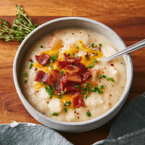 A bowl of creamy potato soup topped with crispy bacon, shredded cheddar cheese, and fresh green onions, served with a side of thyme.