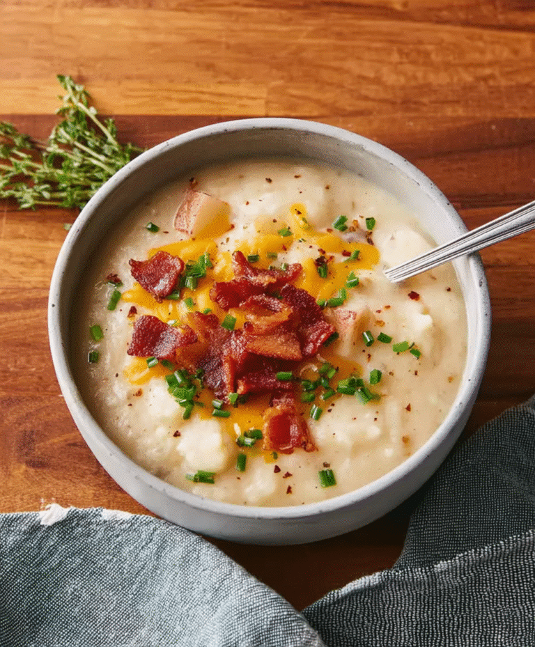 A bowl of creamy potato soup topped with crispy bacon, shredded cheddar cheese, and fresh green onions, served with a side of thyme.