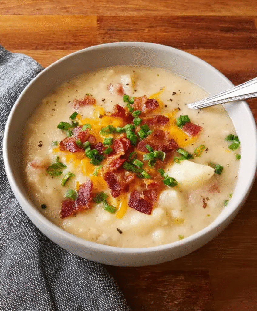 A bowl of creamy potato soup topped with crispy bacon, shredded cheddar cheese, and fresh green onions, served with a side of thyme