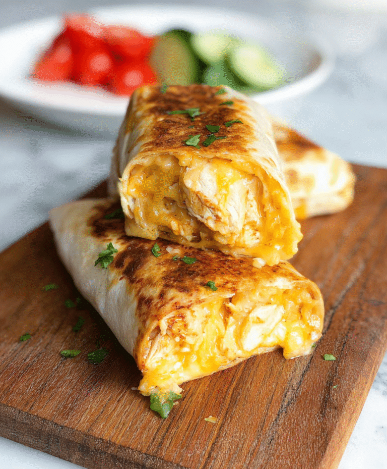 Crispy cheesy garlic chicken wraps cut in half on a wooden board with melted cheese inside