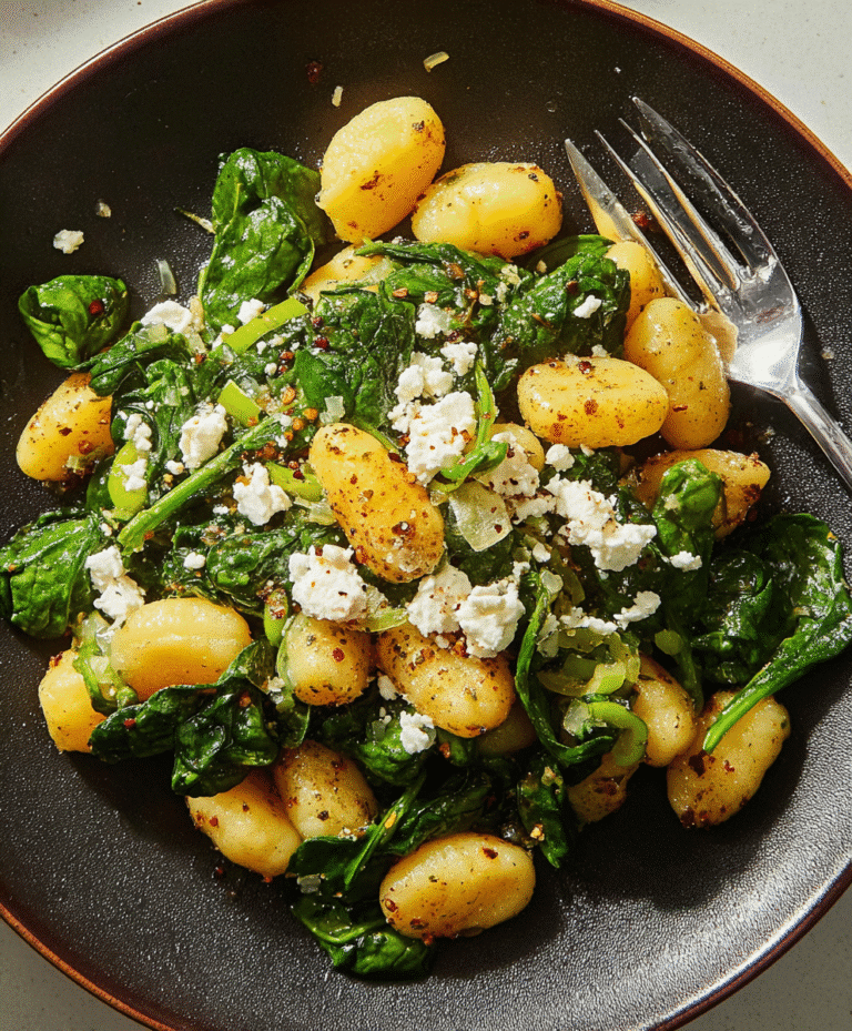 Plate of crispy gnocchi served with fresh spinach, crumbled feta cheese, garlic, and seasoning, fork on the side.