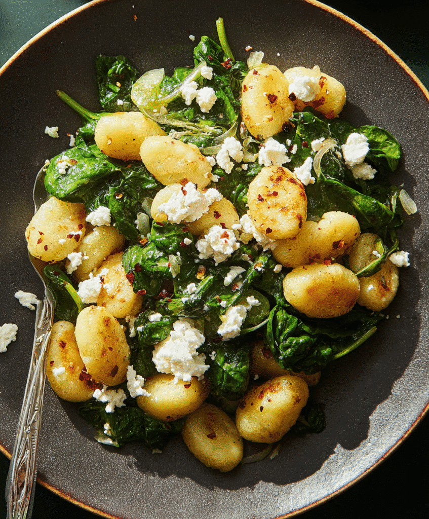 Plate of crispy gnocchi served with fresh spinach, crumbled feta cheese, garlic, and seasoning, fork on the side.