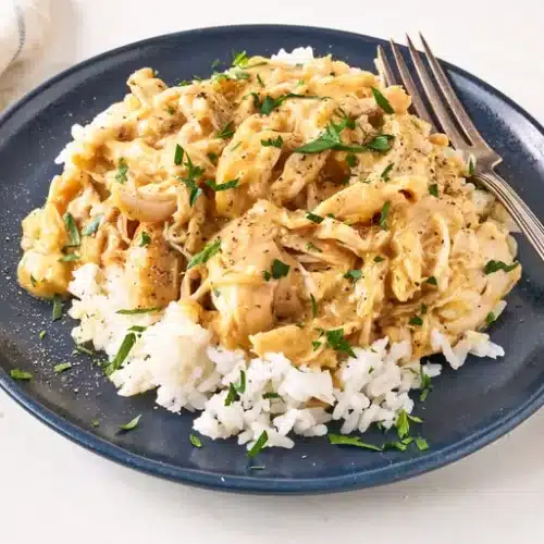 Close-up of Crockpot French Onion Meatballs served over creamy mashed potatoes, topped with caramelized onions and rich brown gravy, garnished with fresh parsley.