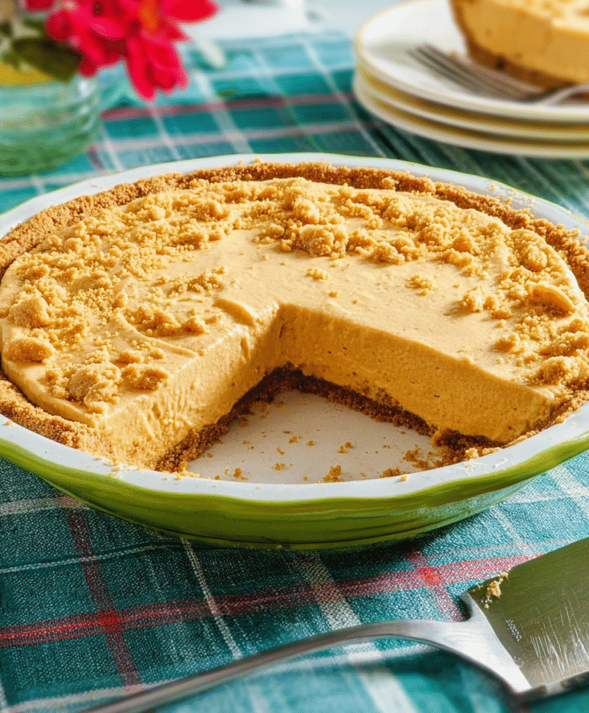 A creamy no-bake pumpkin cream pie with a graham cracker crust and a slice removed, showing the smooth pumpkin filling and crumb topping.