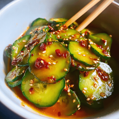 Sliced cucumber salad in a bowl with soy sauce, chili flakes, and sesame seeds, Asian-style light and spicy dressing.