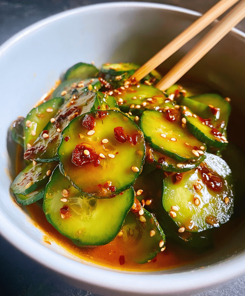 Sliced cucumber salad in a bowl with soy sauce, chili flakes, and sesame seeds, Asian-style light and spicy dressing.