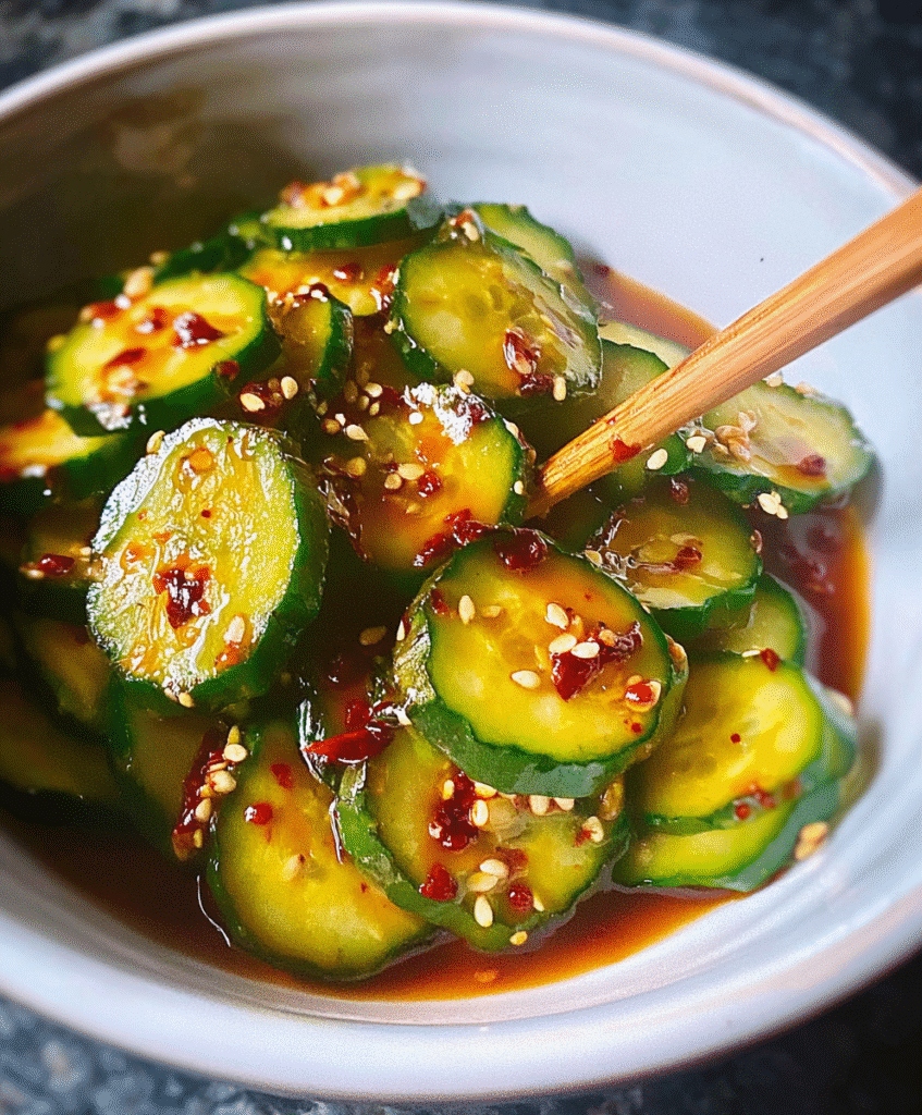 Sliced cucumber salad in a bowl with soy sauce, chili flakes, and sesame seeds, Asian-style light and spicy dressing.