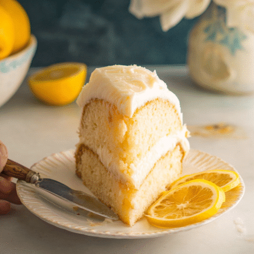 Slice of moist lemon layer cake with creamy frosting on a plate, decorated with fresh lemon slices, soft natural light food photography