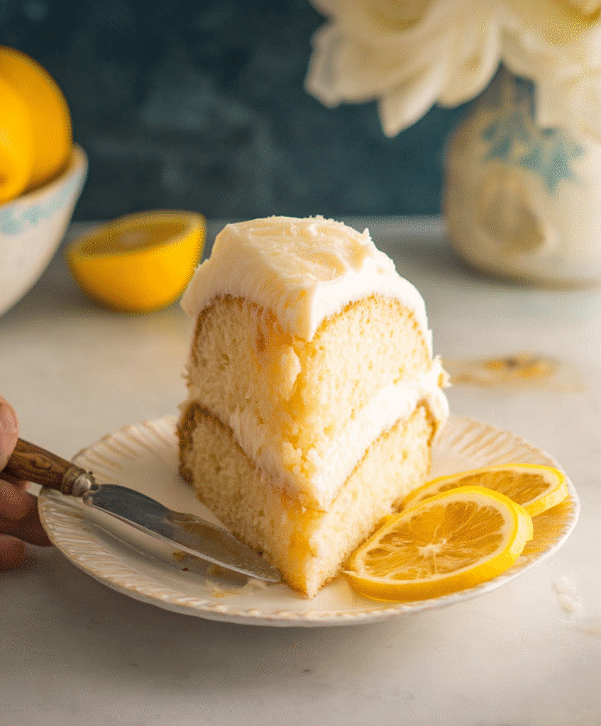 Slice of moist lemon layer cake with creamy frosting on a plate, decorated with fresh lemon slices, soft natural light food photography