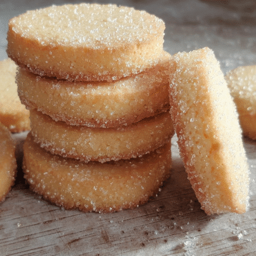Close-up of golden French butter cookies coated with sugar