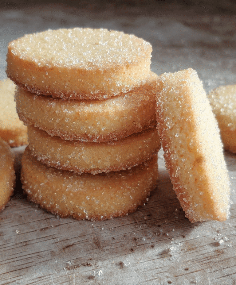 Close-up of golden French butter cookies coated with sugar