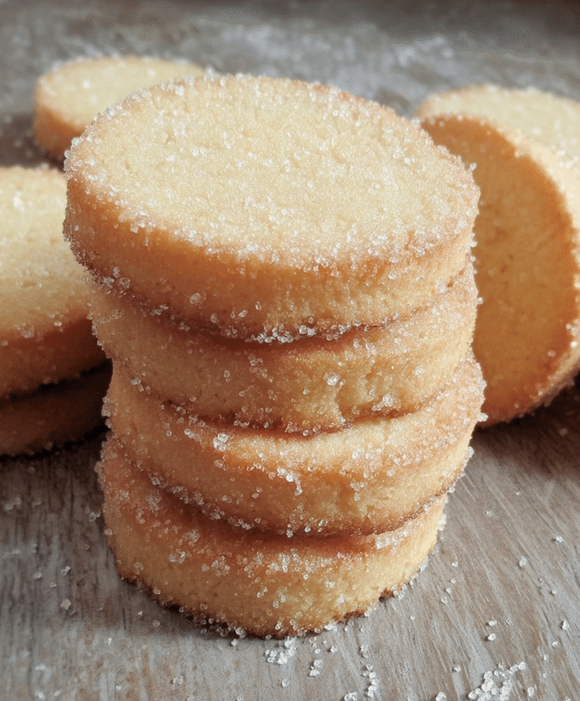 Homemade French butter cookies stacked on a rustic wooden table, sugar-coated shortbread biscuits with golden crispy edges.