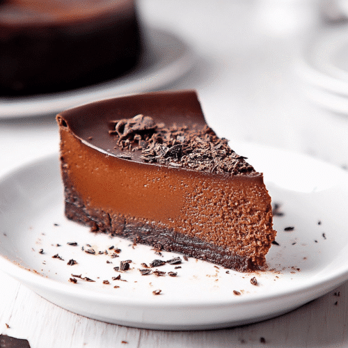 Slice of rich French chocolate flan on white plate with chocolate shavings