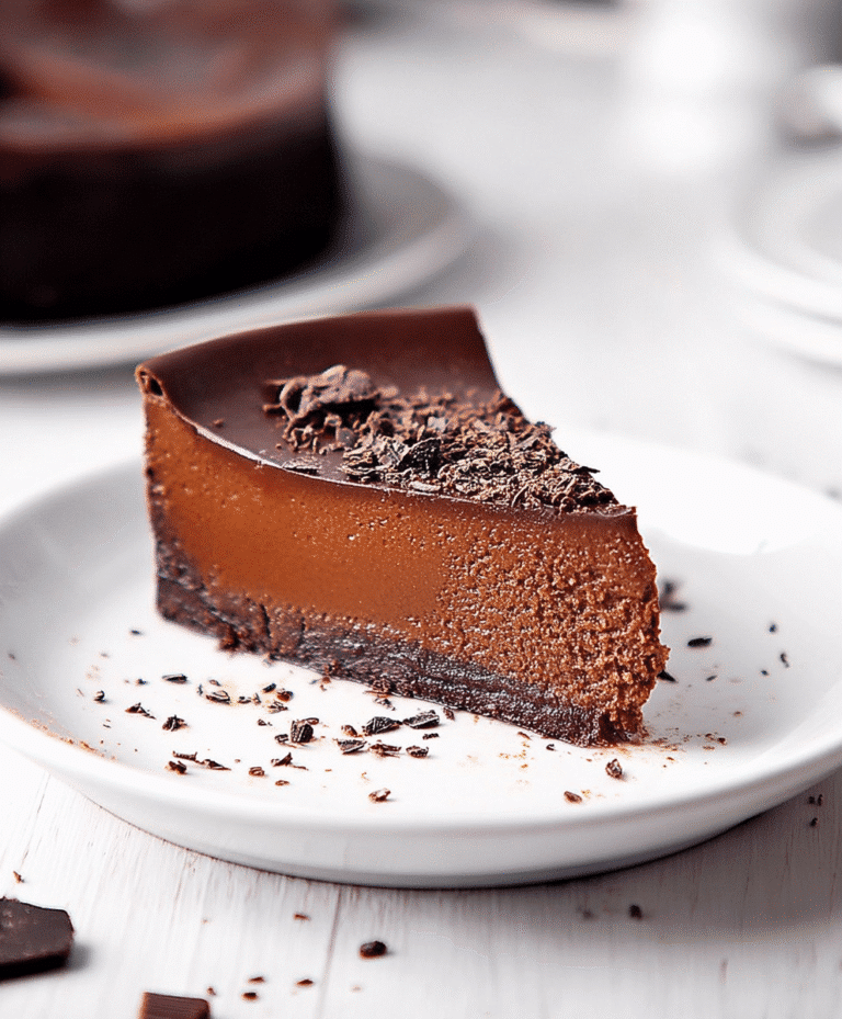Slice of rich French chocolate flan on white plate with chocolate shavings