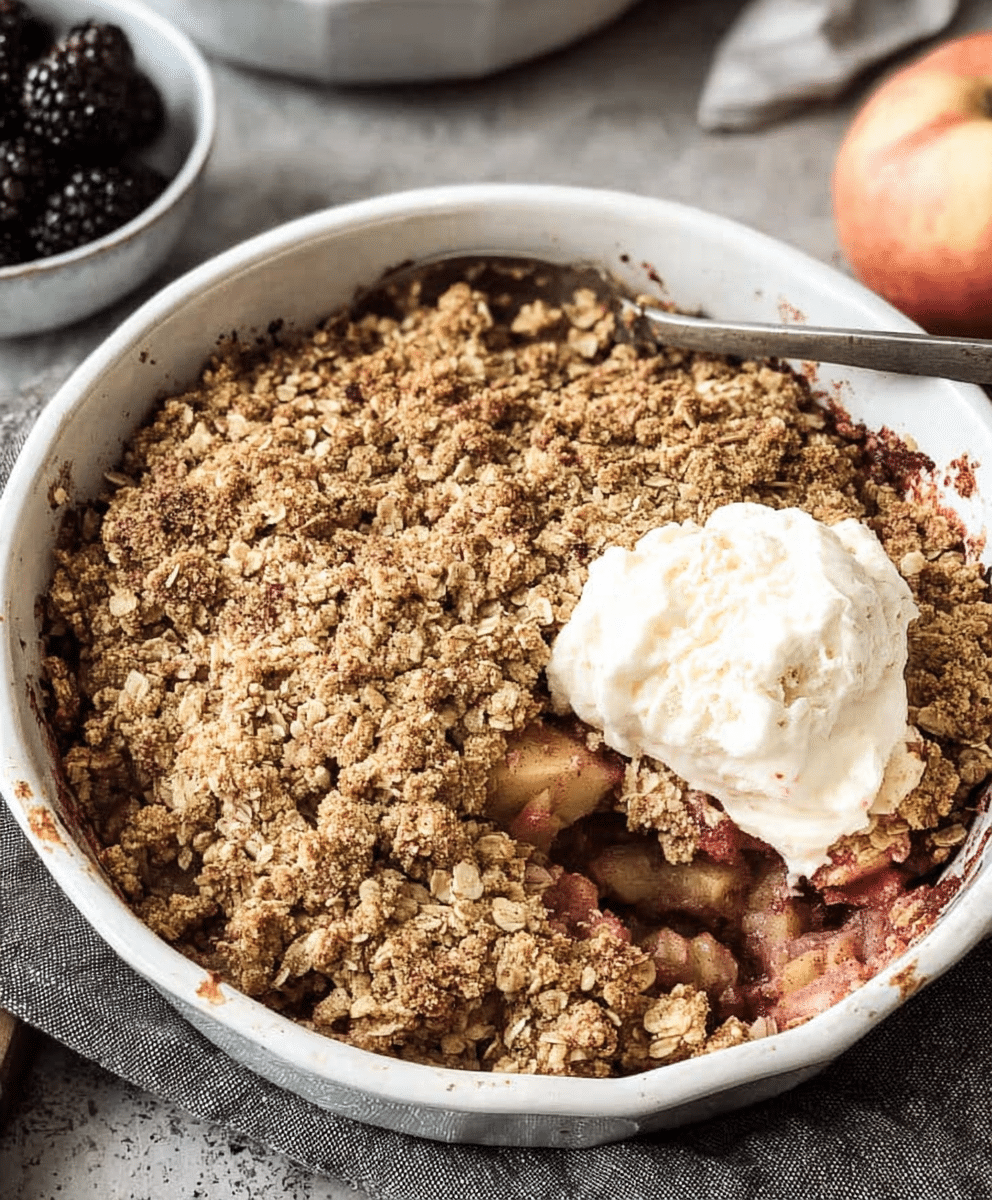 Healthy apple crumble topped with vanilla ice cream and oat streusel