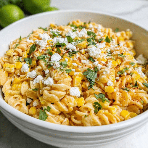 Creamy Mexican street corn pasta salad topped with feta cheese, cilantro, and chili powder, served with lime wedges in a white bowl.