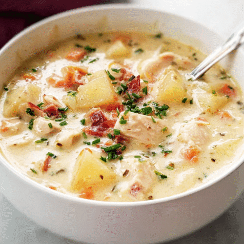 Creamy chicken and potato soup with bacon and herbs in a white bowl