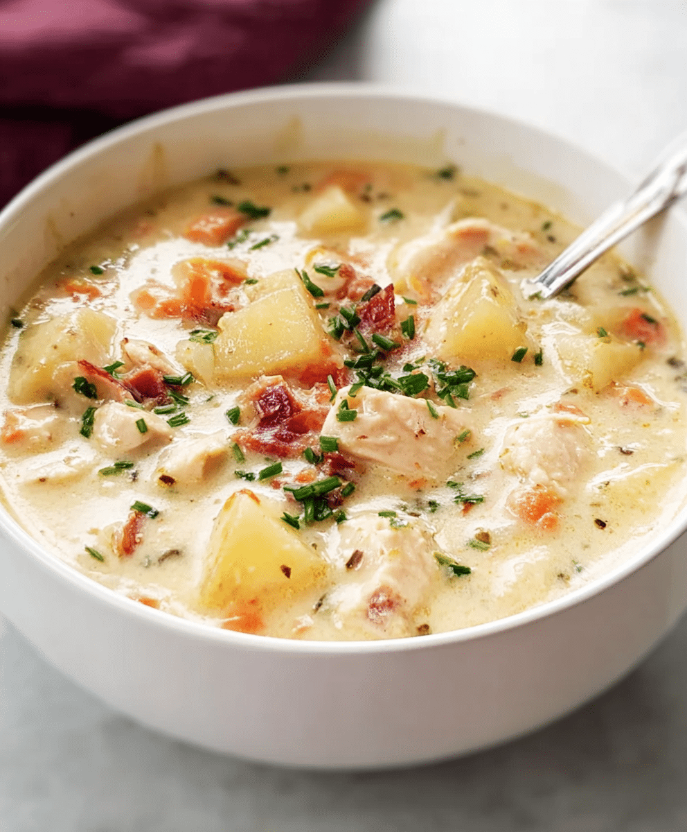 Creamy chicken and potato soup with bacon and herbs in a white bowl