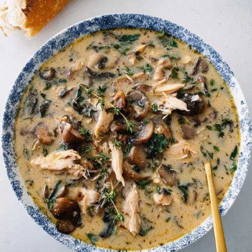 Bowl of creamy chicken mushroom soup topped with fresh herbs, served with crusty bread on the side, cozy homemade comfort food.
