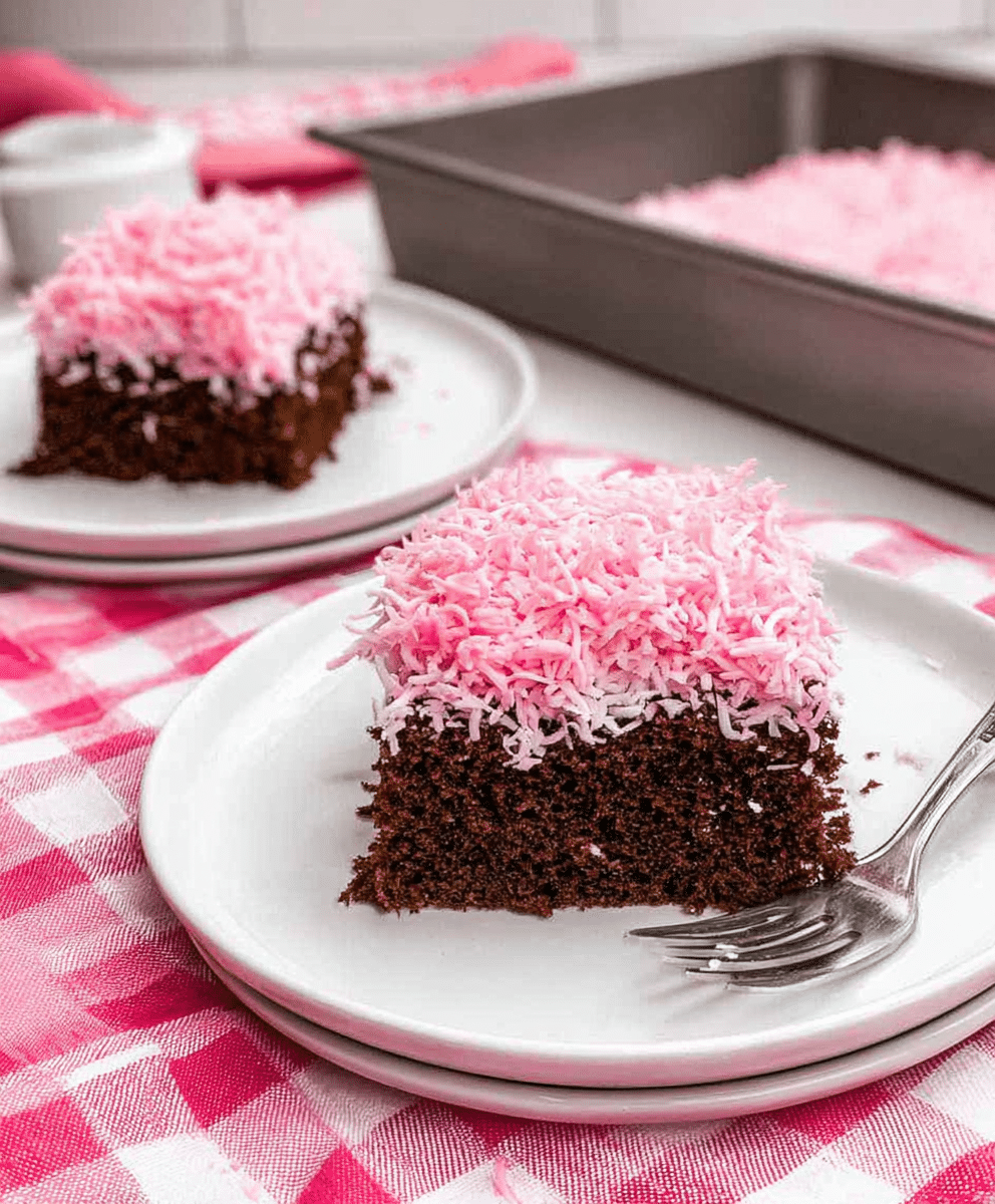 Slice of chocolate coconut cake topped with fluffy pink shredded coconut frosting on a white plate.
