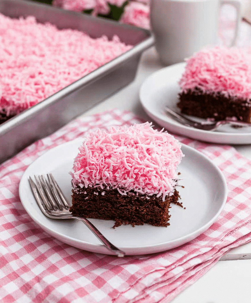 Slice of chocolate coconut cake topped with fluffy pink shredded coconut frosting on a white plate.