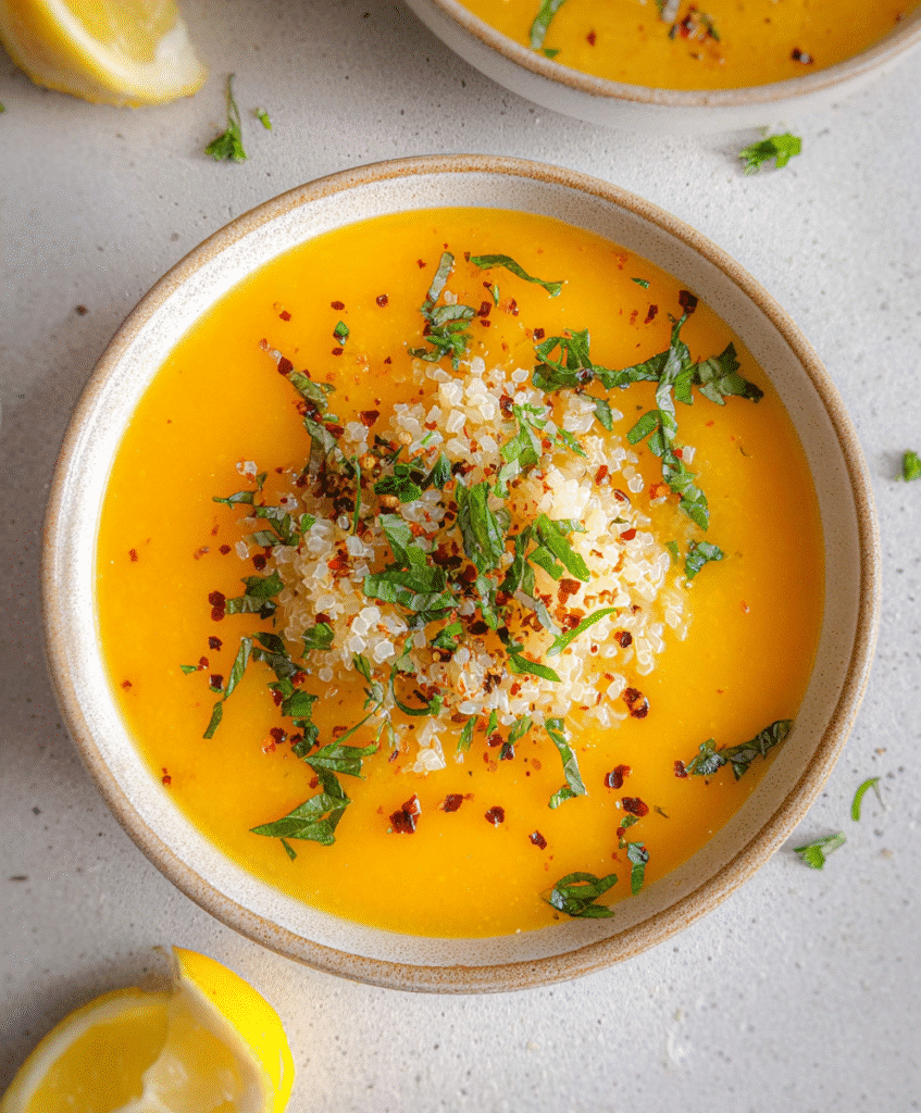 Creamy golden soup topped with quinoa, herbs, chili flakes and lemon on the side