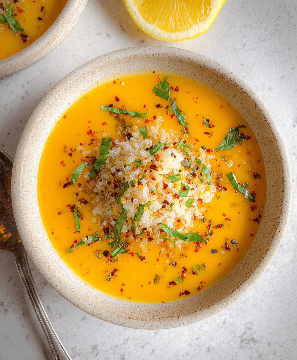 Creamy golden soup topped with quinoa, herbs, chili flakes and lemon on the side